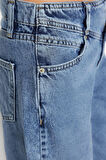 Kadın Moda Şık Kot Pantolon Geniş Paça Regular Boy Denim Gri Bel Detaylı Yüksek Bel Jeans