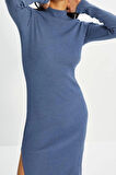 Yeni Slim Casual Günlük Rejenere Kaşkorse Dokuma Dik Yaka Uzun Kol Bodycone Mini Boy Elbise