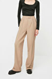 Kadın Yeni Moda Boru Paça Regular Boy Dokuma Wide Leg Geniş Paça Yüksek Bel Pantolon