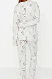 Kadın Moda Bisiklet Yaka Boru Paça Uzun Kol 100 Pamuk Göz Desenli T-shirt-Jogger Örme Pijama Takımı