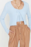 Kadın Moda Şık Crop V Yaka Slim Crop Bağlama Detaylı Bluz-Hırka Triko Takım