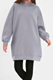 Kadın Tesettür Moda Şık Regular Kapüşonlu Standart Kol Uzun Geniş Kalıp Cepli Scuba Örme Sweatshirt