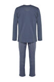 Erkek %100 Pamuk V Yaka Uzun Kol Baskılı Örme Pijama Takımı