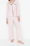 Kadın Moda Şık Gömlek Yaka Geniş Paça Uzun Kol %100 Pamuklu Çizgili Biyeli Örme Pijama Takımı