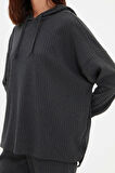 Kadın Moda Şık Kapüşonlu Boru Paça Uzun Kol Pamuklu Fitilli Örme Pijama Takımı
