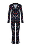 Kadın Moda Şık Gömlek Yaka Boru Paça Uzun Kol %100 Pamuklu Yılbaşı Temalı Örme Pijama Takımı
