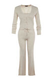 Kadın Moda Şık Geniş Paça Crop Boy Uzun Kollu Fitillli Bluz Hırka Pantolon Triko Alt-Üst Takım