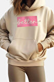 Kadın Moda Bol Kapüşonlu Düşük Kol Uzun Kalın İçi Polarlı Nakışlı Geniş Kalıp Cepli Örme Sweatshirt