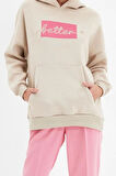 Kadın Moda Bol Kapüşonlu Düşük Kol Uzun Kalın İçi Polarlı Nakışlı Geniş Kalıp Cepli Örme Sweatshirt