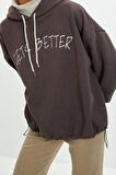 Kadın Moda Şık Relaxed Kapüşonlu Düşük Kol Uzun Kalın İçi Polarlı Triko Bant Detaylı Örme Sweatshirt