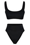 Yeni Dokulu Bralette Yüksek Bel Slip Siyah Bralet Yüksek Bel High Leg Regular Bikini Takımı