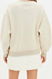 Kadın Bisiklet Yaka Balon Kol Kalın İçi Polarlı Minimal Baskılı Balon Kol Örme Sweatshirt