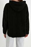 Kadın Moda Şık Bol Kapüşonlu Düşük Kol Uzun Kalın Polar ve Fermuarlı Geniş Kalıp Örme Sweatshirt
