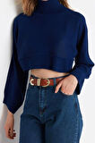 Kadın Moda Şık Crop Dik Yaka Uzun Kol Düz Süper Crop Basic Triko Kazak