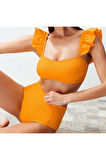 Yeni Düz Bralette Yüksek Bel Slip Siyah Bralet Fırfırlı Dokulu Yüksek Bel Hipster Bikini Takımı