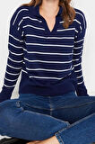 Kadın Moda Şık Regular Polo Yaka Uzun Kol Çizgili Polo Yaka Triko Kazak