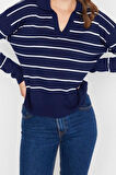 Kadın Moda Şık Regular Polo Yaka Uzun Kol Çizgili Polo Yaka Triko Kazak