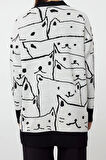 Kadın Moda Şık Tesettür Midi V Yaka Relaxed İndigo Animal Desenli Triko Hırka