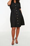 Yeni Rahat Günlük Shally Dokuma Gömlek Yaka Kısa Kol Gömlek Elbise Mini Boy Büyük Beden Elbise