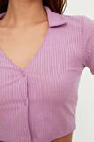 Kadın Polyester V Yaka Kısa Kol Pembe Fitilli Crop T-shirt-Şort Örme Pijama Takımı
