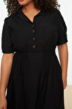 Yeni Rahat Casual Günlük Aerobin Dokuma Gömlek Yaka Kısa Kol A-Line Midi Boy Büyük Beden Elbise