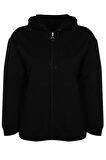 Kadın Büyük Beden Moda Şık Relaxed Kapüşonlu Düşük Kol Uzun Fermuarlı İnce Örme Sweatshirt