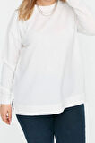 Kadın Büyük Beden Moda Şık Relaxed Bisiklet Yaka Düşük Kol Uzun Yırtmaç Detaylı İnce Örme Sweatshirt