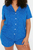 Büyük Beden Kadın Pamuklu Gömlek Yaka Kısa Kol Örme Pijama Takımı
