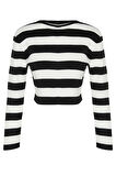 Kadın Moda Şık Crop Bisiklet Yaka Uzun Kol Çizgili Crop Basic Triko Kazak