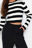 Kadın Moda Şık Crop Bisiklet Yaka Uzun Kol Çizgili Crop Basic Triko Kazak