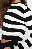 Kadın Moda Şık Crop Bisiklet Yaka Uzun Kol Çizgili Crop Basic Triko Kazak