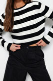 Kadın Moda Şık Crop Bisiklet Yaka Uzun Kol Çizgili Crop Basic Triko Kazak
