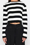 Kadın Moda Şık Crop Bisiklet Yaka Uzun Kol Çizgili Crop Basic Triko Kazak