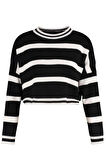 Kadın Moda Şık Crop Bisiklet Yaka Uzun Kol Çizgili Crop Triko Kazak