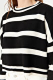 Kadın Moda Şık Crop Bisiklet Yaka Uzun Kol Çizgili Crop Triko Kazak