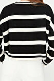 Kadın Moda Şık Crop Bisiklet Yaka Uzun Kol Çizgili Crop Triko Kazak