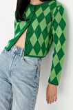 Kadın Moda Şık Crop Bisiklet Yaka Slim Crop Desenli Jakarlı Ceket Görünümlü Triko Hırka