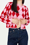 Kadın Moda Şık Crop Bisiklet Yaka Slim Crop Desenli Jakarlı Ceket Görünümlü Triko Hırka