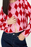 Kadın Moda Şık Crop Bisiklet Yaka Slim Crop Desenli Jakarlı Ceket Görünümlü Triko Hırka