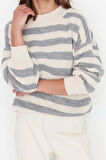 Kadın Moda Şık Regular Bisiklet Yaka Uzun Kol Çizgili Geniş Kalıp Triko Kazak