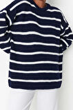 Kadın Moda Şık Bisiklet Yaka Standart Kol Regular Geniş Kalıp Çizgili Triko Kazak
