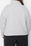 Kadın Büyük Beden Moda Şık Regular Dik Yaka Düşük Kol Crop Sweatshirt