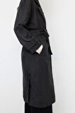 Kadın Moda Şık Bol Ceket Yaka Uzun Düz Astarlı Oversize Geniş Kesim Kemerli Uzun Yünlü Kaşe Kaban