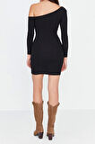 Yeni Slim Gündüz Gece Rejenere Kaşkorse Örme Asimetrik Yaka Uzun Kol Bodycone Mini Boy Elbise