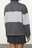 Kadın Moda Regular Fermuarlı Yaka Düşük Kol Regular Basic Baskılı Kalın İçi Polarlı Örme Sweatshirt