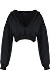 Kadın Relaxed Kapüşonlu Düşük Kol Crop Kalın İçi Polarlı V Yaka Rahat Kesim Crop Örme Sweatshirt