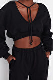 Kadın Relaxed Kapüşonlu Düşük Kol Crop Kalın İçi Polarlı V Yaka Rahat Kesim Crop Örme Sweatshirt
