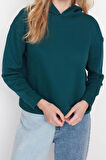 Kadın Moda Regular Kapüşonlu Düşük Kol Regular Normal Kalıp Basic Kalın İçi Polarlı Örme Sweatshirt