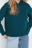 Kadın Moda Regular Kapüşonlu Düşük Kol Regular Normal Kalıp Basic Kalın İçi Polarlı Örme Sweatshirt