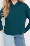 Kadın Moda Regular Kapüşonlu Düşük Kol Regular Normal Kalıp Basic Kalın İçi Polarlı Örme Sweatshirt